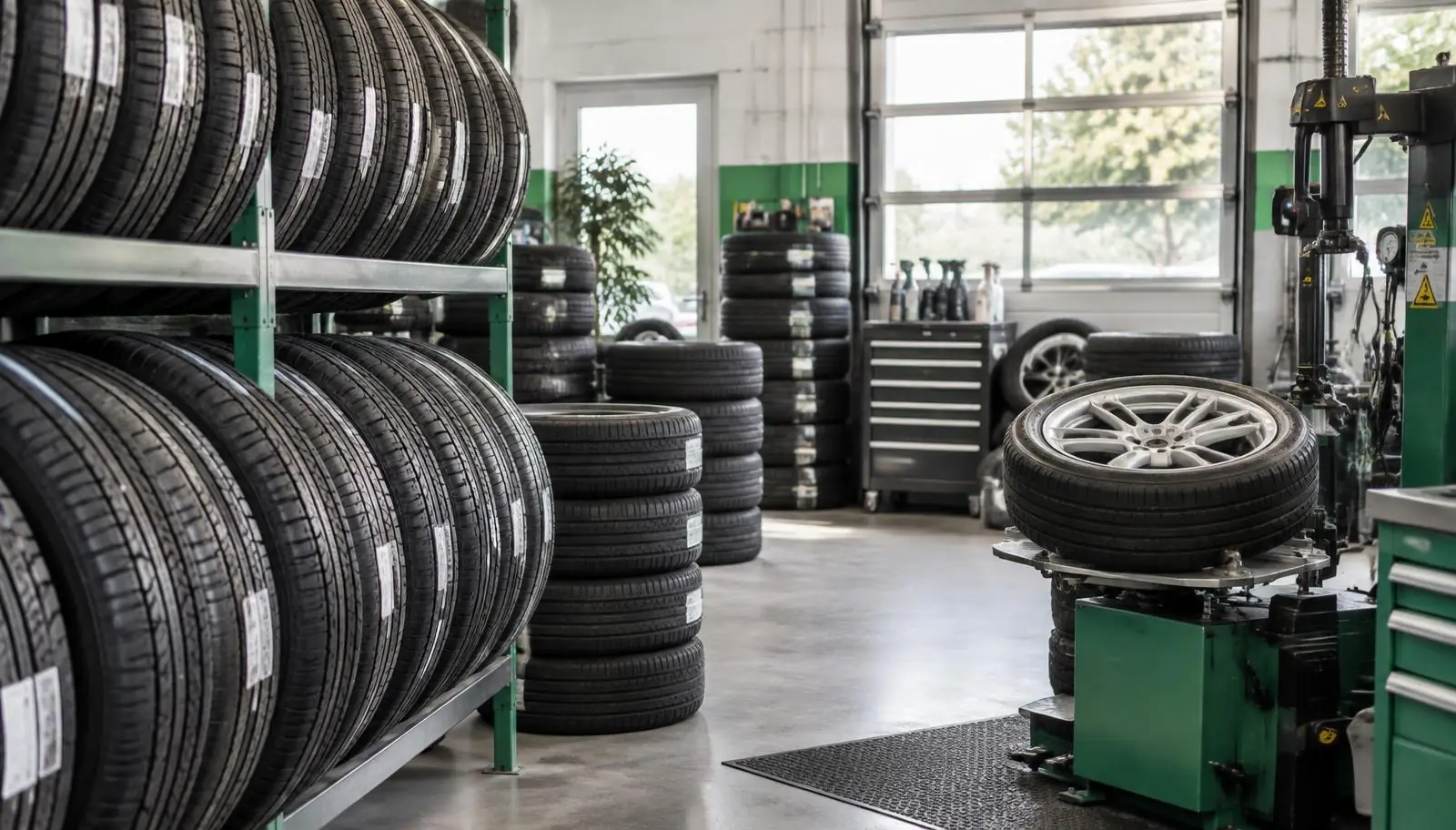 Autobanden en montageapparatuur in een bandenwerkplaats